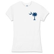 South Carolina Outline Women's Fitted Fine Jersey Tee with an outline of the state of South Carolina and the popular Palmetto Moon logo on the back and a blue palmetto moon on the front.