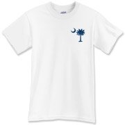The deluxe Palmetto Moon Flag T-Shirt features a small palmetto moon in the front pocket area and the South Carolina Flag design on the back.