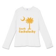 Yellow South Cackalacky Palmetto Moon Women's Fitted Baby Rib Long Sleeve Tee features the South Carolina palmetto moon logo in yellow.