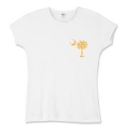 Yellow Polka Dots South Cackalacky Deluxe Women's Fitted Baby Rib Tee feature the polka dot South Carolina palmetto moon logo in yellow on the back and a smaller, matching palmetto moon on the front.