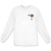 A chocolate brown palmetto and crescent moon. The palmetto is a symbol of South Carolina pride. Buy the chocolate brown palmetto moon printed in the pocket area of a t-shirt, sweatshirt, or other apparel item.