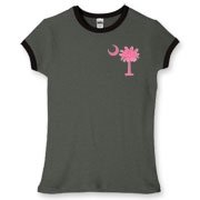 Buy a Pink Palmetto Moon Women's Fitted Ringer Tee featuring a smaller palmetto printed on the left chest area. The palmetto moon is a symbol of South Carolina pride.