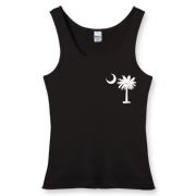 Buy a White Carolina Girl Deluxe Women's Fitted Tank Top. This two-sided design features a small palmetto moon printed on the front left chest area and matching Carolina Girl palmetto design on the back. The palmetto moon is a symbol of South Carolina pri