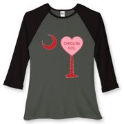 A Candy Heart Palmetto Moon Women's Fitted Baseball Tee for a Carolina Girl! Perfect for Valentine's Day, it features a pink candy heart on the South Carolina Palmetto Moon with Carolina Girl.