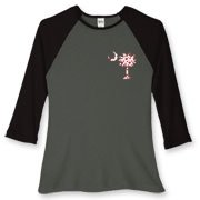 Buy a Red Heart Pattern Palmetto Moon Women's Fitted Baseball Tee for your sweetheart this Valentine's Day! Featuring the a smaller pocket sized version of the South Carolina Palmetto Moon with a red heart pattern printed on the left chest area.