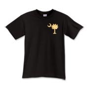 Yellow Polka Dots South Cackalacky Deluxe Kids T-Shirt feature the polka dot South Carolina palmetto moon logo in yellow on the back and a smaller, matching palmetto moon on the front.