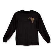 A chocolate brown palmetto and crescent moon. The palmetto is a symbol of South Carolina pride. Buy the chocolate brown palmetto moon printed in the pocket area of a t-shirt, sweatshirt, or other apparel item.