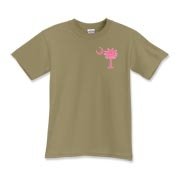 A pink palmetto and crescent moon. The palmetto is a symbol of South Carolina pride. Buy the pink palmetto moon printed in the pocket area of a t-shirt, sweatshirt, or other apparel item.