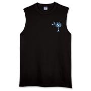 Blue Polka Dots South Cackalacky Deluxe Sleeveless T-Shirt feature the polka dot South Carolina palmetto moon logo in blue on the back and a smaller, matching palmetto moon on the front.