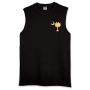 Yellow Polka Dots South Cackalacky Deluxe Sleeveless T-Shirt feature the polka dot South Carolina palmetto moon logo in yellow on the back and a smaller, matching palmetto moon on the front.