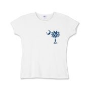 Blue Polka Dots South Cackalacky Deluxe Girls Baby Rib T-Shirt feature the polka dot South Carolina palmetto moon logo in blue on the back and a smaller, matching palmetto moon on the front.