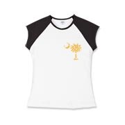 Yellow Polka Dots South Cackalacky Deluxe Girls Cap Sleeve T-Shirt feature the polka dot South Carolina palmetto moon logo in yellow on the back and a smaller, matching palmetto moon on the front.