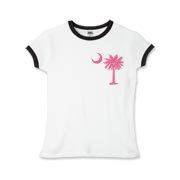 A pink palmetto and crescent moon. The palmetto is a symbol of South Carolina pride. Buy the pink palmetto moon printed in the pocket area of a t-shirt, sweatshirt, or other apparel item.