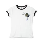 This pocket sized version of Earth and Moon palmetto and crescent moon features a photo of the Earth as the background for the palmetto and a photo of the Moon as a background for the crescent.