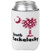 Garnet and Black Polka Dots South Cackalacky Palmetto Moon Can Cooler features a Polka Dot South Carolina palmetto moon logo in garnet.