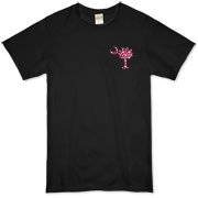 Garnet and Black Polka Dots South Cackalacky Deluxe Organic T-Shirt feature the polka dot South Carolina palmetto moon logo in garnet and black on the back and a smaller, matching palmetto moon on the front.