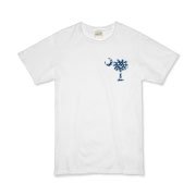 Blue Polka Dots South Cackalacky Deluxe Organic Kids T-Shirt feature the polka dot South Carolina palmetto moon logo in blue on the back and a smaller, matching palmetto moon on the front.