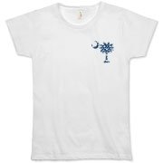 Blue Polka Dots South Cackalacky Deluxe Organic Women's T-Shirt feature the polka dot South Carolina palmetto moon logo in blue on the back and a smaller, matching palmetto moon on the front.