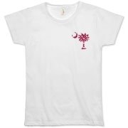 Garnet and Black Polka Dots South Cackalacky Deluxe Organic Women's T-Shirt feature the polka dot South Carolina palmetto moon logo in garnet and black on the back and a smaller, matching palmetto moon on the front.