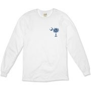 Blue Polka Dots South Cackalacky Deluxe Organic Long Sleeve T-Shirt feature the polka dot South Carolina palmetto moon logo in blue on the back and a smaller, matching palmetto moon on the front.
