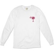 Garnet and Black Polka Dots South Cackalacky Deluxe Organic Long Sleeve T-Shirt feature the polka dot South Carolina palmetto moon logo in garnet and black on the back and a smaller, matching palmetto moon on the front.