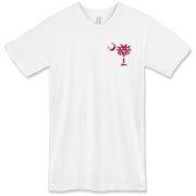 Garnet and Black Polka Dots South Cackalacky Deluxe American Apparel T-Shirt feature the polka dot South Carolina palmetto moon logo in garnet and black on the back and a smaller, matching palmetto moon on the front.