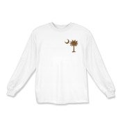 A chocolate brown palmetto and crescent moon. The palmetto is a symbol of South Carolina pride. Buy the chocolate brown palmetto moon printed in the pocket area of a t-shirt, sweatshirt, or other apparel item.