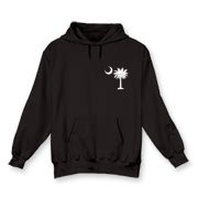 Buy a White Carolina Girl Deluxe Hooded Sweatshirt. This two-sided design features a small palmetto moon printed on the front left chest area and matching Carolina Girl palmetto design on the back. The palmetto moon is a symbol of South Carolina pride.