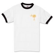 Yellow Polka Dots South Cackalacky Deluxe Ringer T-Shirt feature the polka dot South Carolina palmetto moon logo in yellow on the back and a smaller, matching palmetto moon on the front.