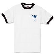The deluxe Palmetto Moon Flag Ringer T-Shirt features a small palmetto moon in the front pocket area and the South Carolina Flag design on the back.