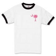 A pink palmetto and crescent moon. The palmetto is a symbol of South Carolina pride. Buy the pink palmetto moon printed in the pocket area of a t-shirt, sweatshirt, or other apparel item.