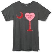 A Candy Heart Palmetto Moon Alternative Apparel Destroyed T-Shirt for a Carolina Girl! Perfect for Valentine's Day, it features a pink candy heart on the South Carolina Palmetto Moon with Carolina Girl.
