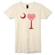 A Candy Heart Palmetto Moon Alternative Apparel Women's Destroyed T-Shirt for an Angel! Perfect for Valentine's Day, it features a pink candy heart on the South Carolina Palmetto Moon with Angel.
