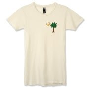 Buy a Christmas Palmetto Moon Alternative Apparel Women's Destroyed T-Shirt and have a Merry Christmas, South Carolina style. This version features a pocket sized version of the Christmas Tree Palmetto Moon.