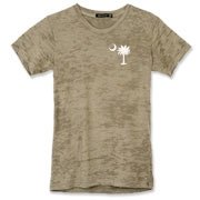 Buy a White Carolina Girl Deluxe Alternative Apparel Women's Burnout T-Shirt. This two-sided design features a small palmetto moon printed on the front left chest area and matching Carolina Girl palmetto design on the back. The palmetto moon is a symbol o