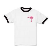 A pink palmetto and crescent moon. The palmetto is a symbol of South Carolina pride. Buy the pink palmetto moon printed in the pocket area of a t-shirt, sweatshirt, or other apparel item.