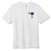 Buy a Blue Palmetto Moon Hanes Cool Dri T-shirt featuring a smaller palmetto printed on the left chest area. The palmetto moon is a symbol of South Carolina pride.