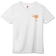 Buy an Orange Polka Dot Palmetto Moon Hanes Women's Cool Dri T-shirt that features a orange palmetto moon with white polka dots printed smaller on the left chest area.