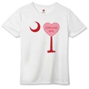 A Candy Heart Palmetto Moon Hanes Women's Cool Dri T-shirt for a Carolina Girl! Perfect for Valentine's Day, it features a pink candy heart on the South Carolina Palmetto Moon with Carolina Girl.