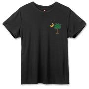 Buy a Christmas Palmetto Moon Hanes Women's Cool Dri T-shirt and have a Merry Christmas, South Carolina style. This version features a pocket sized version of the Christmas Tree Palmetto Moon.