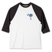 Blue Polka Dots South Cackalacky Deluxe Baseball Jersey feature the polka dot South Carolina palmetto moon logo in blue on the back and a smaller, matching palmetto moon on the front.