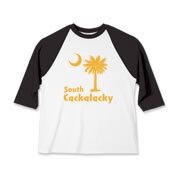 Yellow South Cackalacky Palmetto Moon Kids Baseball Jersey features the South Carolina palmetto moon logo in yellow.