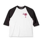 Garnet and Black Polka Dots South Cackalacky Deluxe Kids Baseball Jersey feature the polka dot South Carolina palmetto moon logo in garnet and black on the back and a smaller, matching palmetto moon on the front.