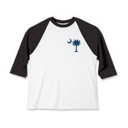 The deluxe Palmetto Moon Flag Kids Baseball Jersey features a small palmetto moon in the front pocket area and the South Carolina Flag design on the back.