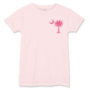 A pink palmetto and crescent moon. The palmetto is a symbol of South Carolina pride. Buy the pink palmetto moon printed in the pocket area of a t-shirt, sweatshirt, or other apparel item.