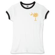 Yellow Polka Dots South Cackalacky Deluxe Women's Fitted Ringer Tee feature the polka dot South Carolina palmetto moon logo in yellow on the back and a smaller, matching palmetto moon on the front.