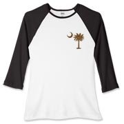 A chocolate brown palmetto and crescent moon. The palmetto is a symbol of South Carolina pride. Buy the chocolate brown palmetto moon printed in the pocket area of a t-shirt, sweatshirt, or other apparel item.