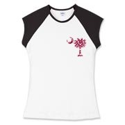 Garnet and Black Polka Dots South Cackalacky Deluxe Women's Fitted Cap Sleeve Tee feature the polka dot South Carolina palmetto moon logo in garnet and black on the back and a smaller, matching palmetto moon on the front.