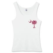 Garnet and Black Polka Dots South Cackalacky Deluxe Women's Fitted Tank Top feature the polka dot South Carolina palmetto moon logo in garnet and black on the back and a smaller, matching palmetto moon on the front.