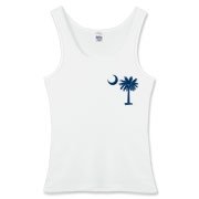 The deluxe Palmetto Moon Flag Women's Fitted Tank Top features a small palmetto moon in the front pocket area and the South Carolina Flag design on the back.